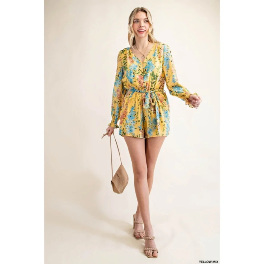 SOLD OUT Yellow Multi Floral Print Chiffon Button Pocket Women's Spring Summer - Picture 3 of 6